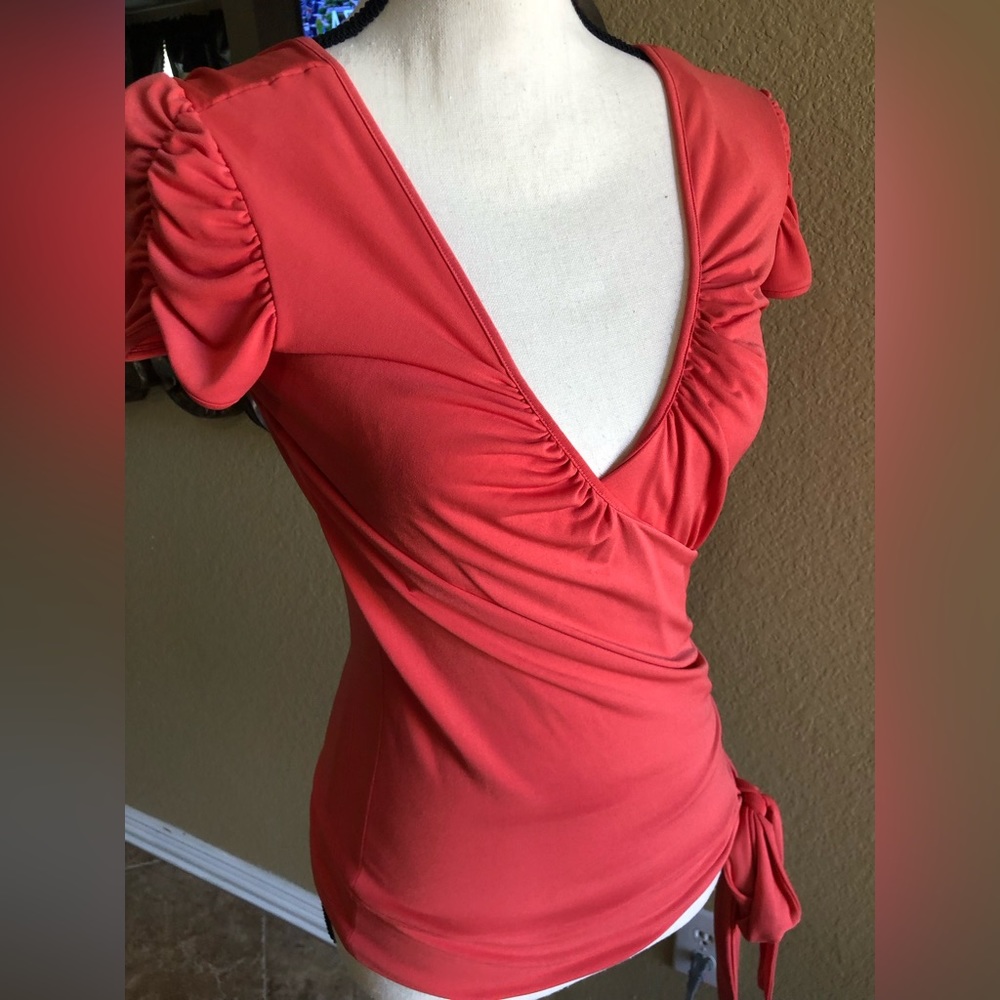 Speechless Coral Pink Ruched Wrap Top V-Neck Side Tie Short Sleeve Blouse Small